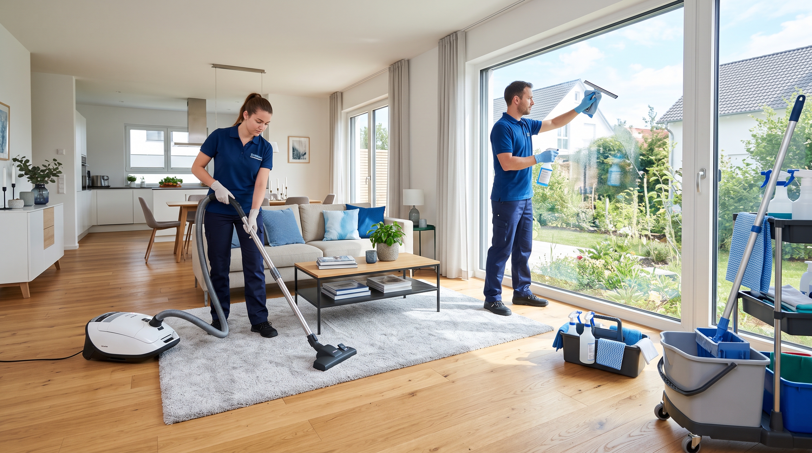 Professional cleaners cleaning a modern home