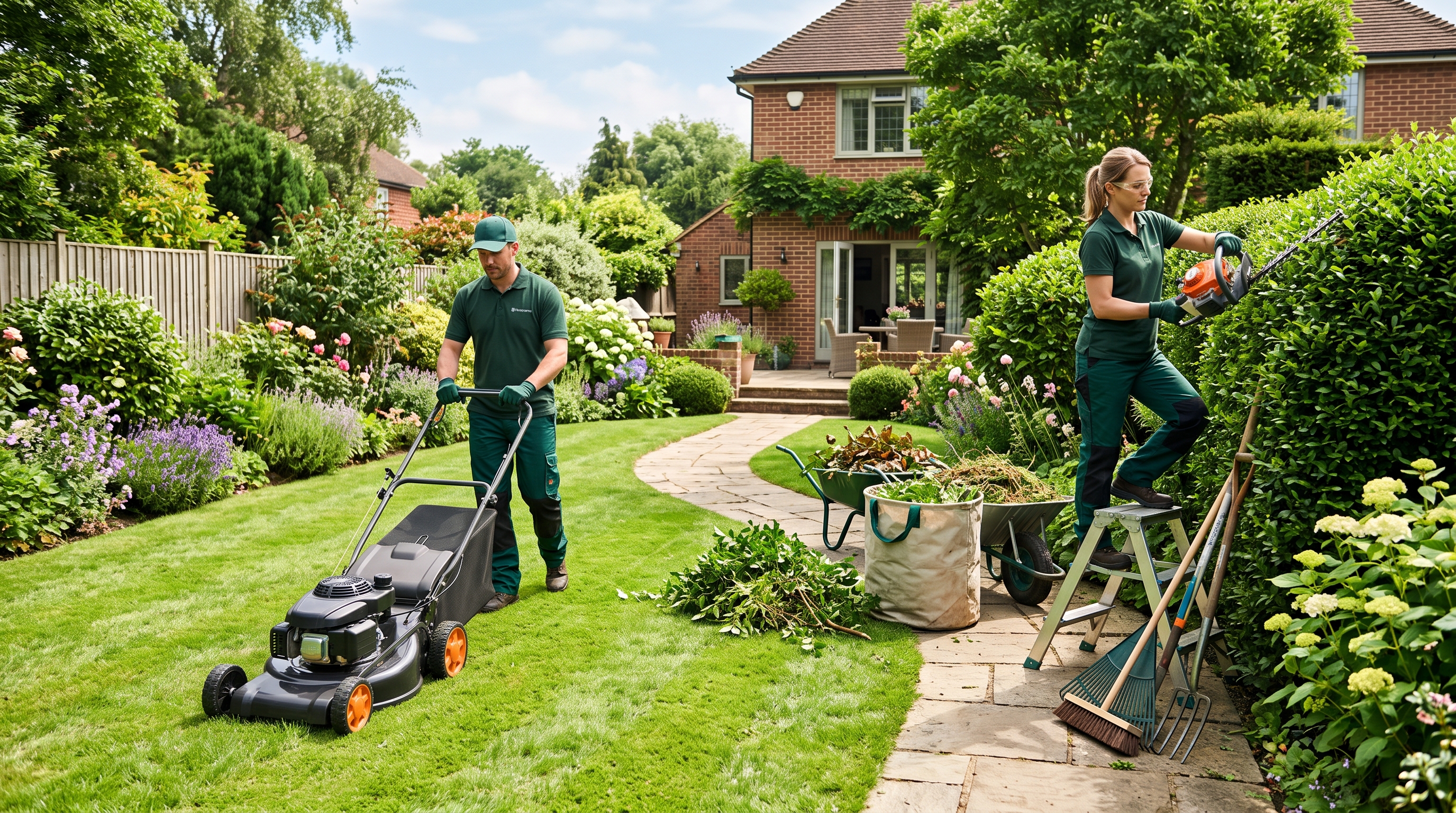 Professional gardeners mowing a lawn and trimming hedges