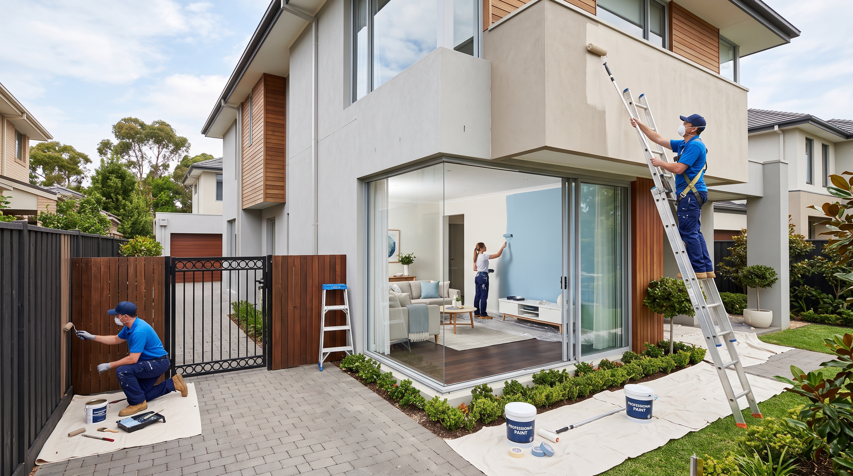 Professional painters working on a modern property